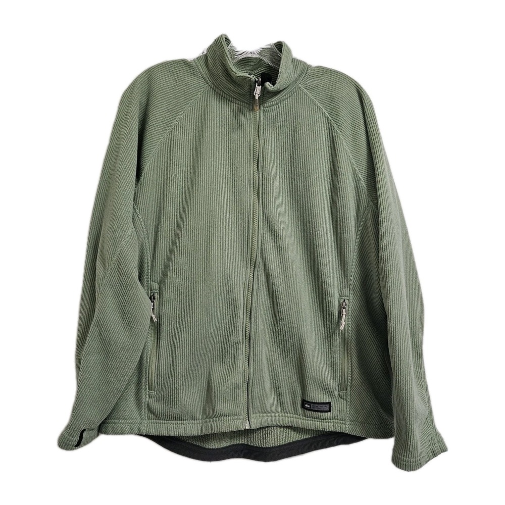 REI Fleece Jacket Women XL Green Full Zip Ribbed Mock Neck Outdoor Gorpcore Muir